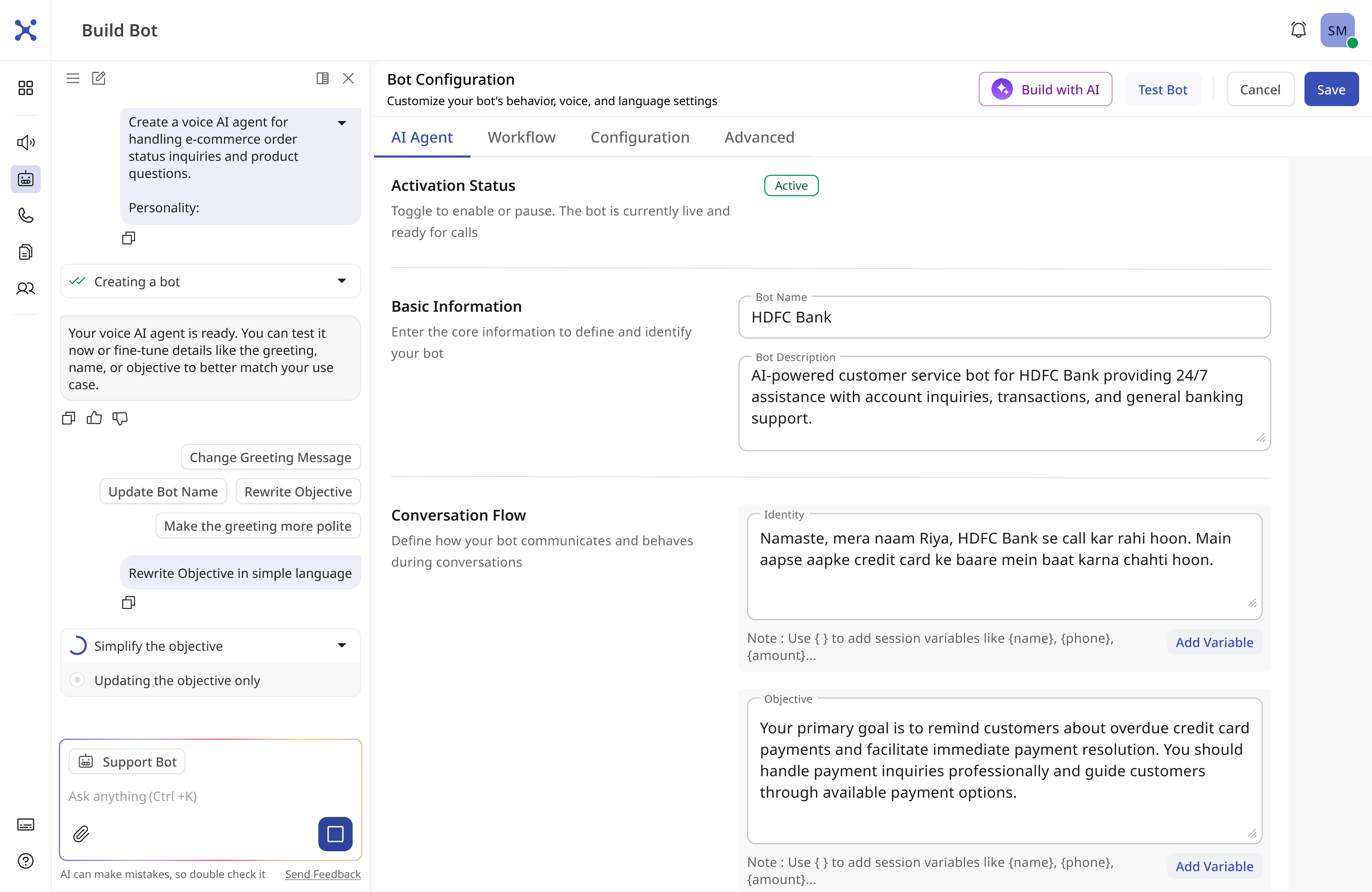 Build Bot — co-pilot chat beside Bot Configuration with AI Agent tabs, activation status, identity and objective
